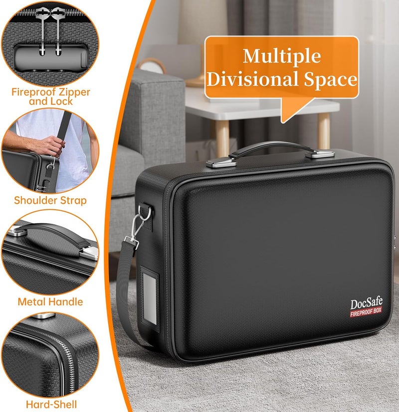 DocSafe Fireproof Document Box with Lock＆Shoulder Strap, Hard-Shell Case File Organizer with Accordion File Folder, Multi-Layer Portable Home Office Travel Safe Storage for Important Documents Laptop - Image 4